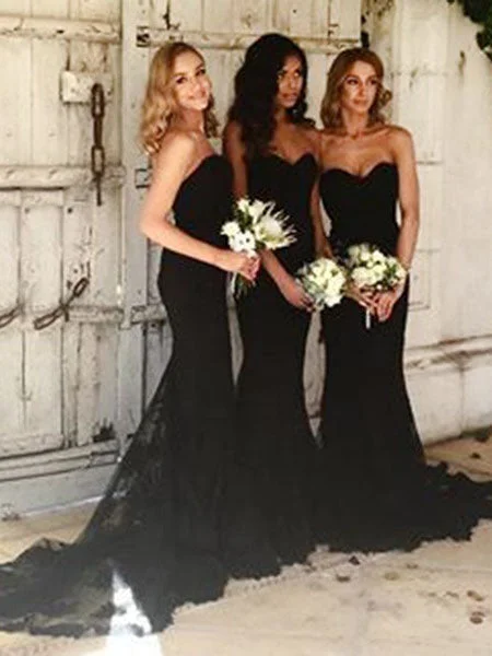 Lowest Price satin midi dressElegant Strapless Black Mermaid Long Bridesmaid Dress