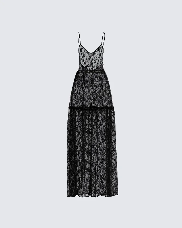 form-fitting dressMarina Black Lace Sheer Maxi Dress