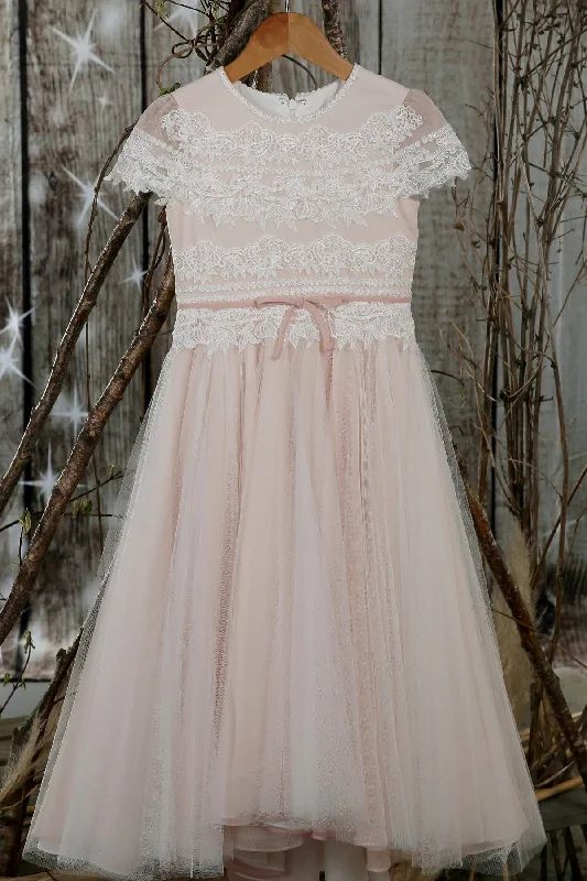 Deep Discounts oversized dressBlush Pink Jewel Sleeves Appliques Long Flower Girl Dress with Sash