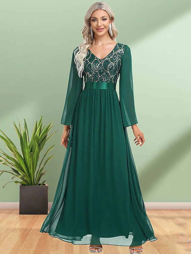 Deal Explosion A-Line Evening Gown Elegant Dress Party Wear Floor Length Long Sleeve V Neck Chiffon with Sequin