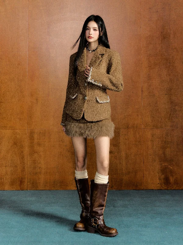 Deal Frenzy trendy puffer coatWoolen Shoulder-padded Blazer & Skirt Set