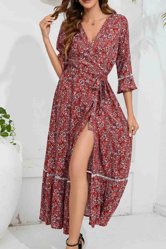 fitted bodycon dressFloral V Neck Slit Midi Dress