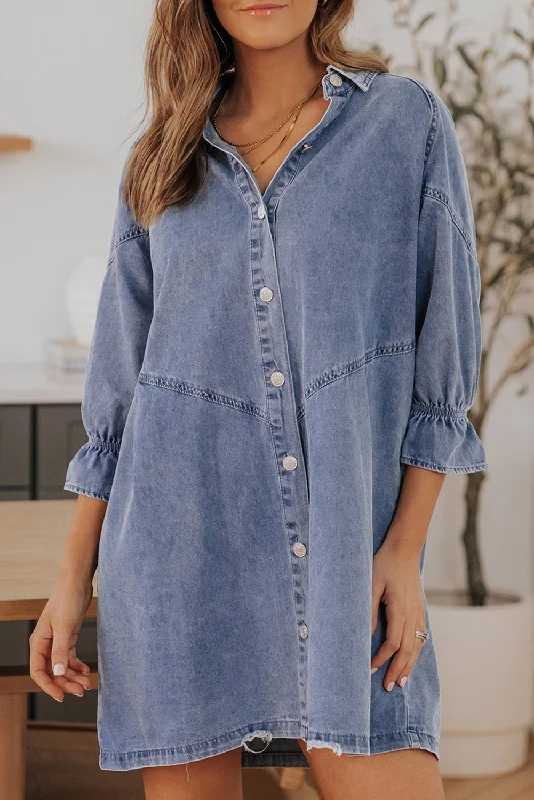 Seasonal Sale flowy evening dressCollared Neck Flounce Sleeve Denim Mini Dress