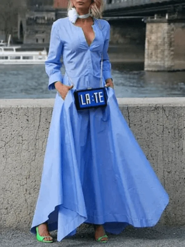 Crazy Deals A-line dressSolid Color V-Neck Back Zipper Long Sleeve Pleating Maxi Shirt Dress