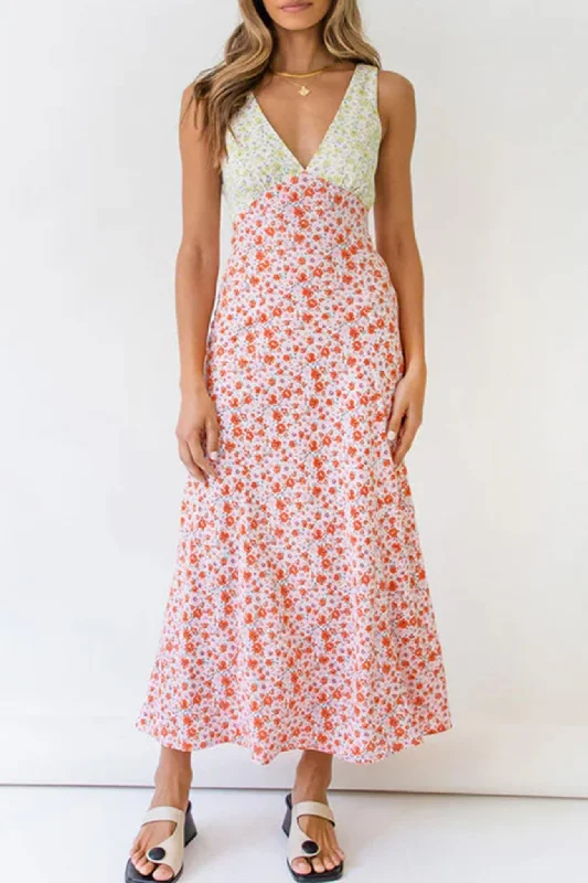 comfy maxi dressContrast V Neck Floral Print Tie-back Dress