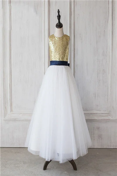 Extra Savings wrap dressGold Sequins A Line Lond Flower Girl Dress with Bow