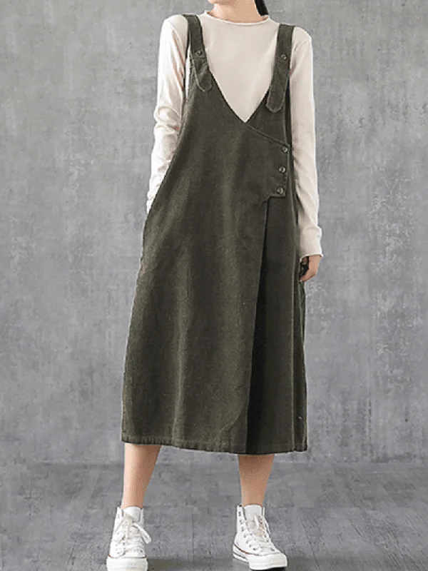 Quick Sale statement dressWomen Corduroy Adjustable Shoulder Strap V-Neck Solid Side Pocket Casual Midi Dress