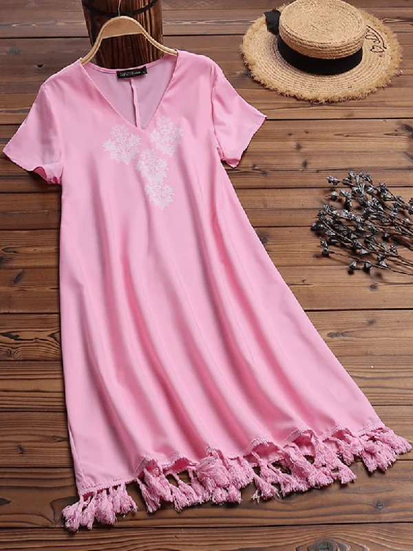 Super Deal boho dressWomen Short Sleeve Tassel Patchwork Casual Dress