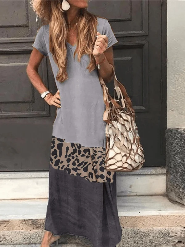 Special Savings boho dressLeopard Print Patchwork Short Sleeve Causal Maxi Dress