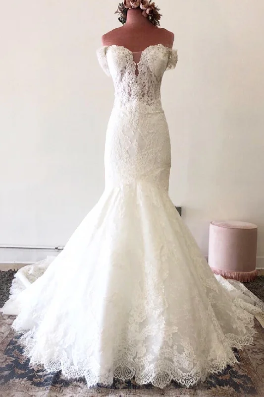 Clearance Event boho-chic dressOff the Shoulder Court Train Lace White Wedding Dress