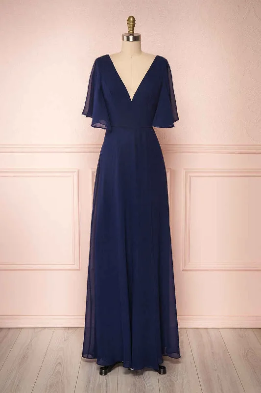 Super Bargain midi dressNavy Blue Chiffon V-Neck Ruffled Sleeve Long Bridesmaid Dress