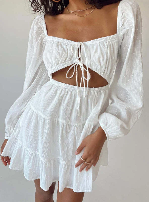 Price Drop Alert summer dressWomen's elegant square-neck long-sleeved lace-up hollow short white dress