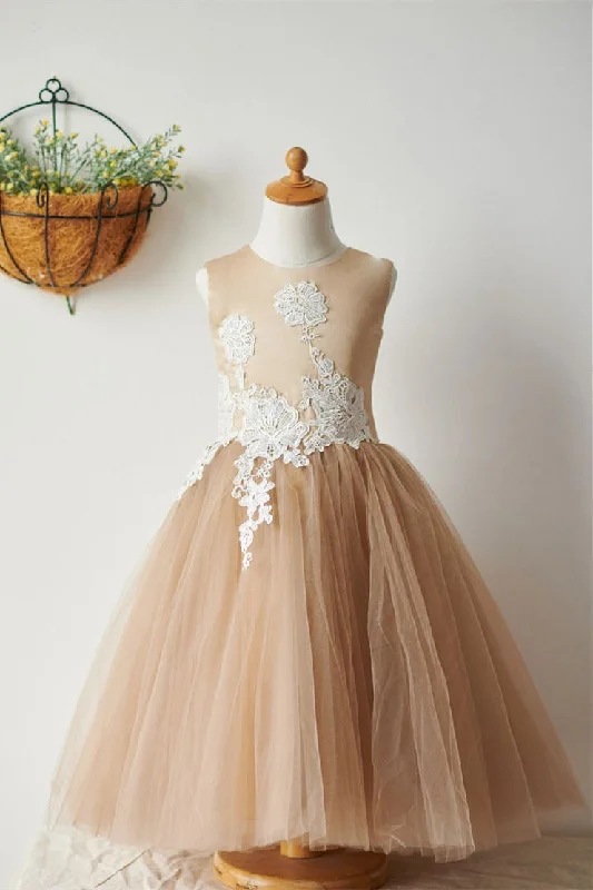 Limited Quantity casual shift dressA-Line Lace Appliques Nude Flower Girl Dress
