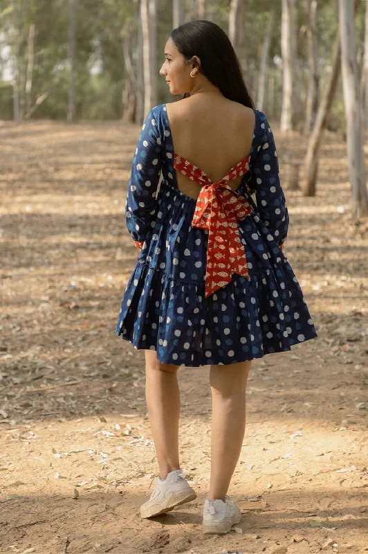 Act Fast Sonia Indigo Polka Dress Back Open