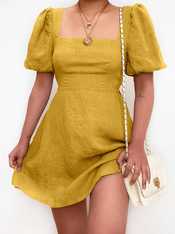 Price Fest ruched dressWomen's Casual Square Neck Puff Sleeve A-Line Mini Dress with Simple Design