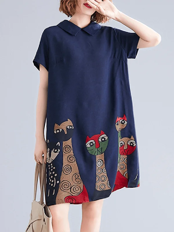 Great Deals fitted bodycon dressShort Sleeve Lapel Loose Back Button Animal Printed Dress for Women