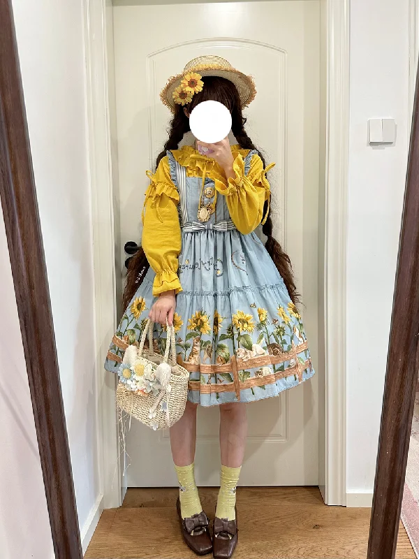 elegant maxi dressPolaris Lolita~Cat and Sunflower~Sweet Lolita JSK Cat and Sunflower Print Dress and Headdress Set