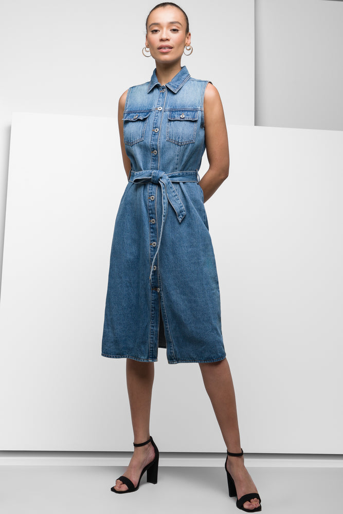 floral midi dressSleeveless Belted Denim Dress Blue