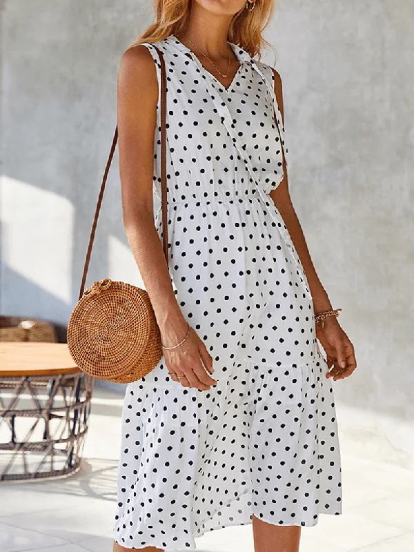 Buy Now casual dressPolka Dot Print V-Neck Sleeveless Knotted Pleated Dress for Women