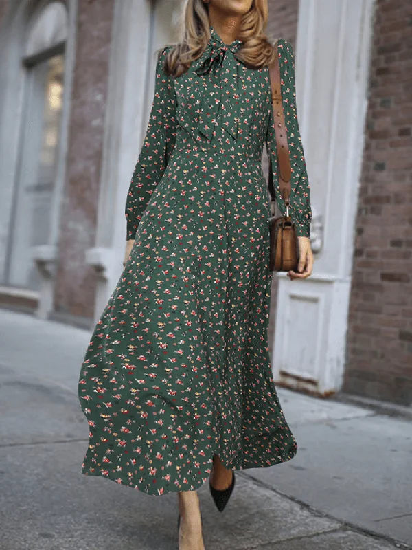 Great Bargains denim dressWomen Floral Print Lace-Up Long Sleeve Side Zipper Casual Daily Maxi Dress