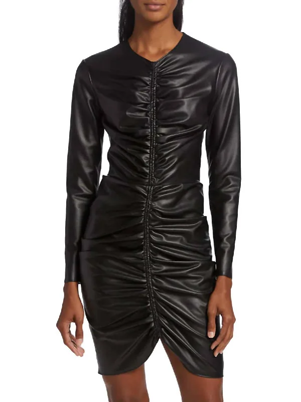 one-shoulder dressBernadette Faux Leather Long Sleeve Ruched Mini Dress in Black