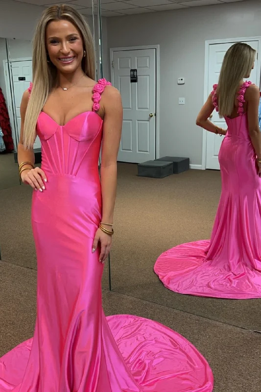 Act Fast form-fitting dressHot Pink Floral Straps Mermaid Satin Long Prom Dress