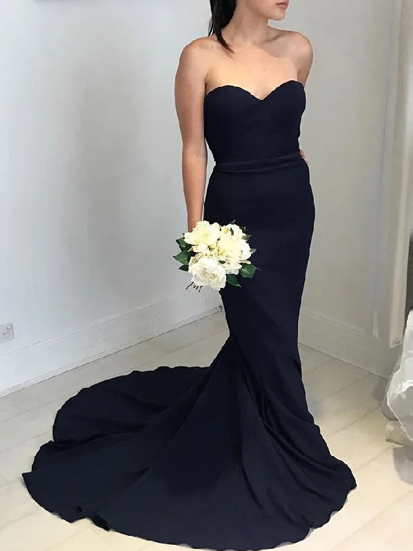Deal Dash pleated dressSweetheart Mermaid Navy Blue Long Bridesmaid Dress