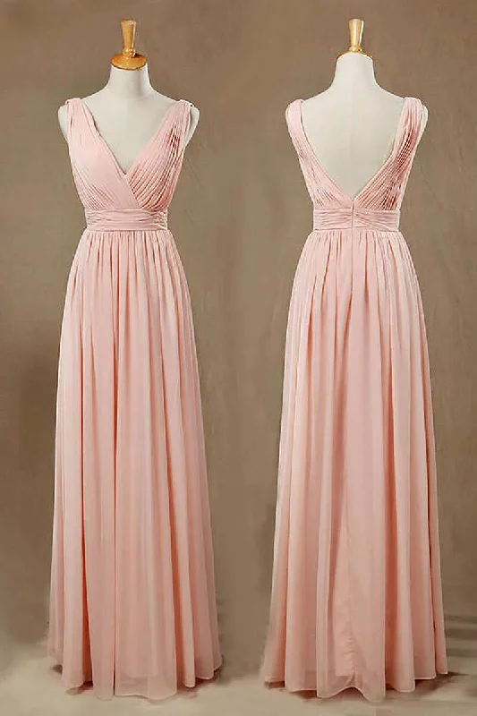 Lowest Prices satin midi dressElegant Plush Pink V-Neck Open Back A-Line Long Bridesmaid Dress
