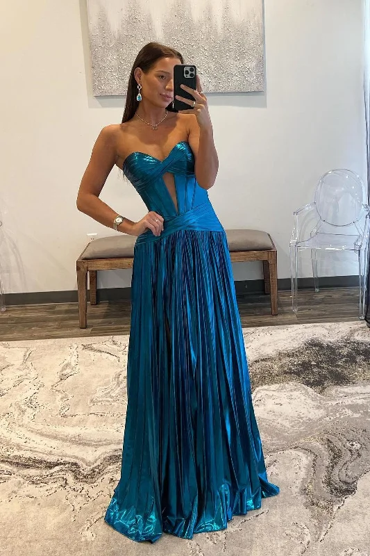 Daily Deals layered dressSweetheart Metallic Blue Pleated Long Formal Dress