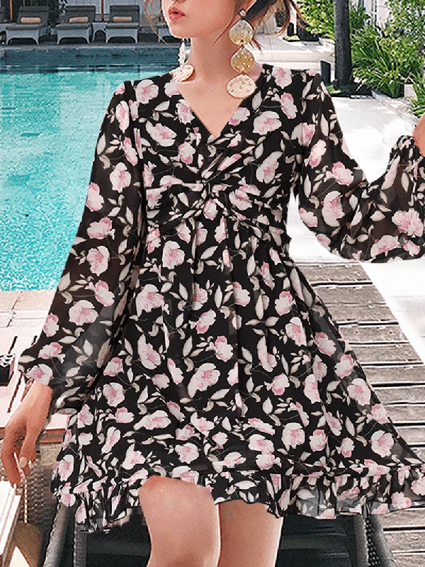 Factory Direct Sale wrap-around dress100% Polyester with Back Zipper Floral Dress for Women