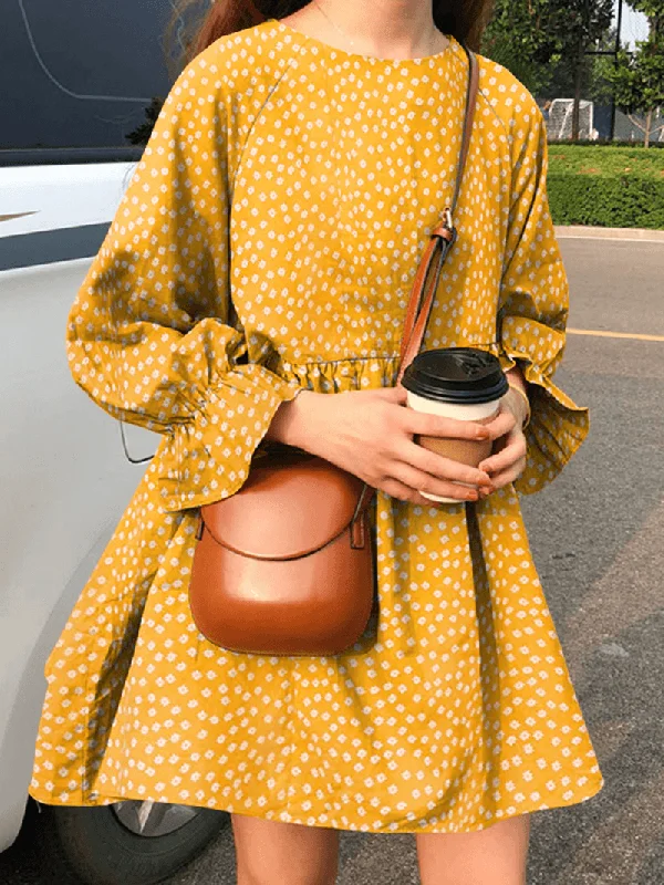Deep Discounts chic wrap dressWomen Floral Printing Pleating Ruffle Sleeve O-Neck Casual Holiday Mini Dress