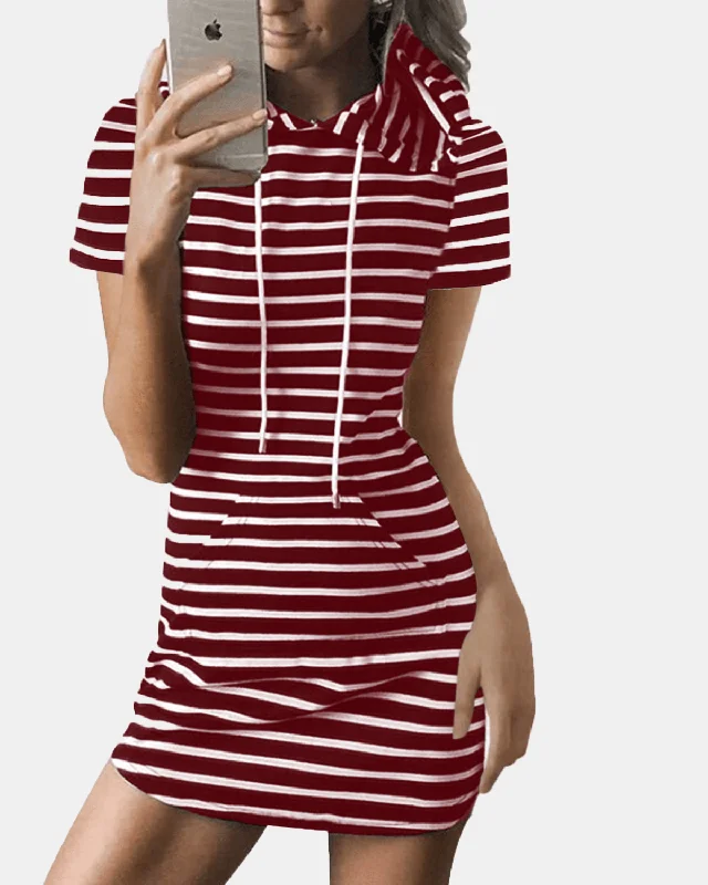 Great Deals bohemian dressStriped Drawstring Short Sleeve Casual Shirt Pocket Dress