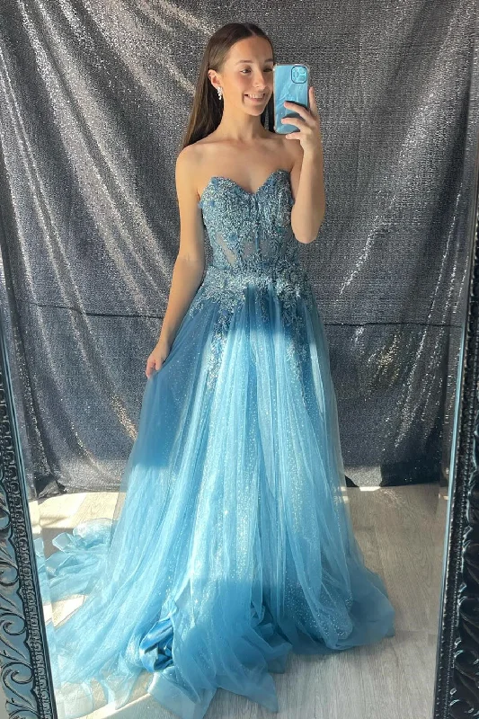 Super Bargain fitted bodycon dressAqua Strapless Floral Appliques A-line Long Prom Dress