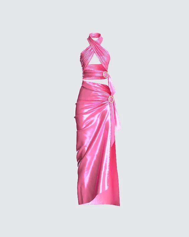 Must-Have Deals one-shoulder dressAlaina Pink Satin Maxi Dress