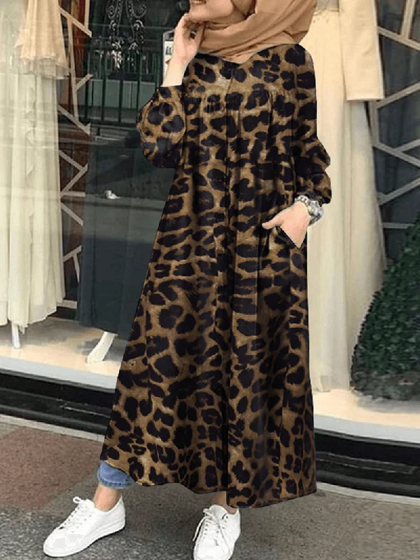 Deal Dash structured dressLeopard Printed Button down Front Kaftan Tunic Maxi Dress with Side Pockets