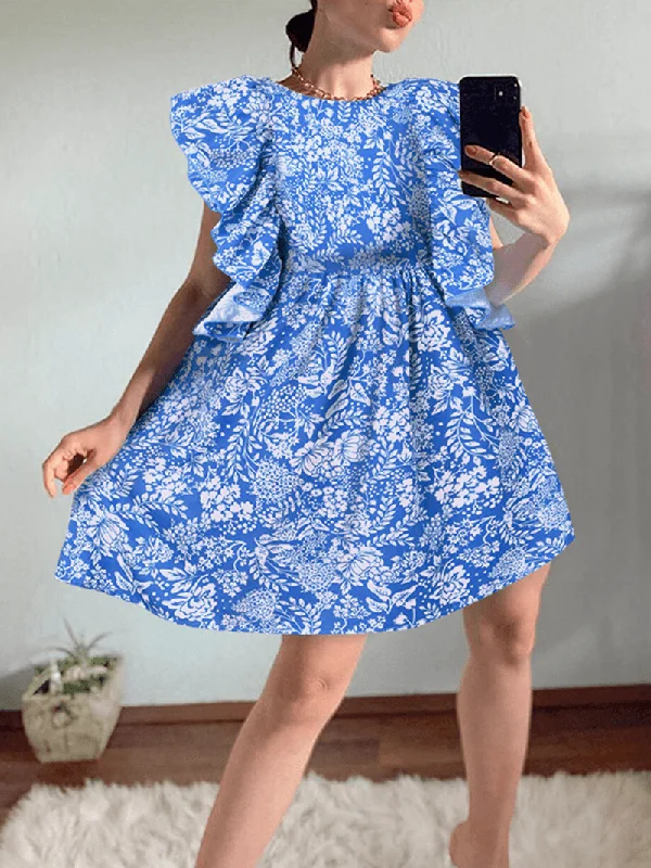 Stock Clearance casual summer dressWomen Floral Print Ruffle Trims Sleeveless Casual Daily Doll Mini Dress