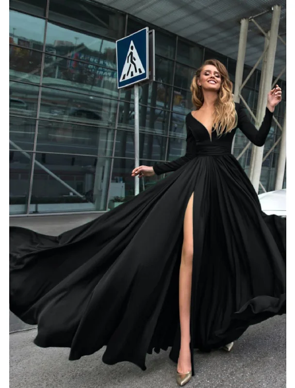 Fantastic Offers A-Line Evening Gown Dress Holiday Floor Length Long Sleeve V Neck Chiffon V Back with Slit Fantastic Offers A-Line Evening Gown Dress Holiday Floor Length Long Sleeve V Neck Chiffon V Back with Slit