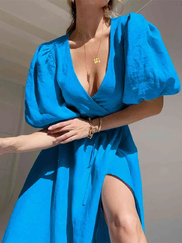 Act Fast boho-chic dressSurplice Balloon Sleeves Slit Short Sleeve Tied Dress