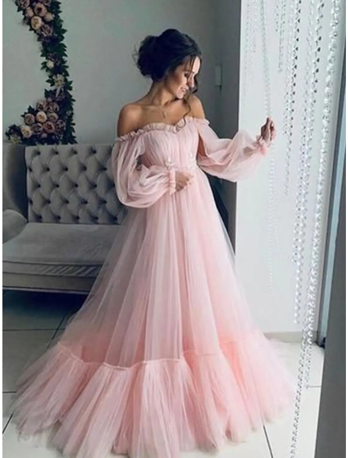 Super Deal A-Line Elegant Engagement Prom Dress Off Shoulder Long Sleeve Floor Length Tulle Pleats Appliques