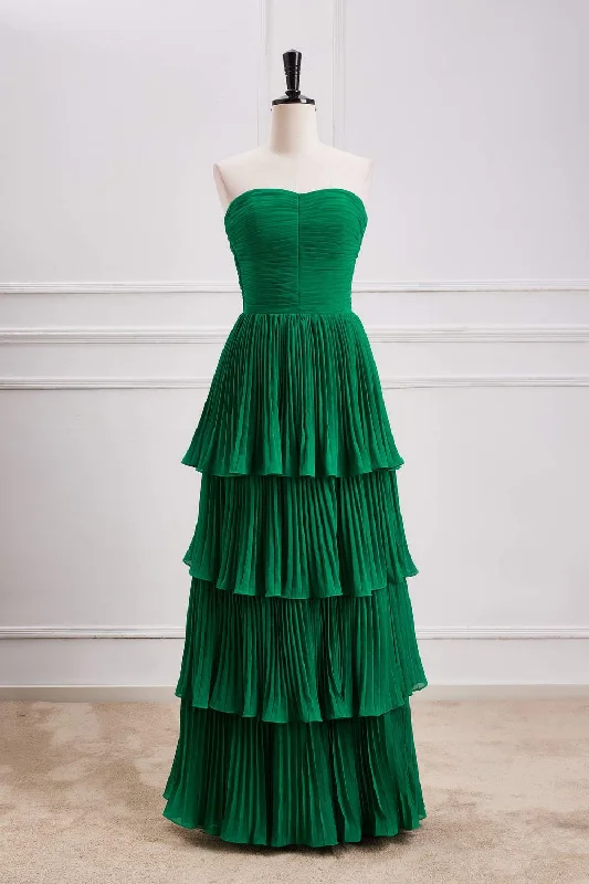 TIME-Limited Offer relaxed fit dressHunter Green Strapless Pleated A-line Layers Long Prom Dress