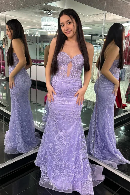 Savings Galore trendy bodycon dressLavender Strapless Cut-Out Mermaid Floral Long Prom Dress
