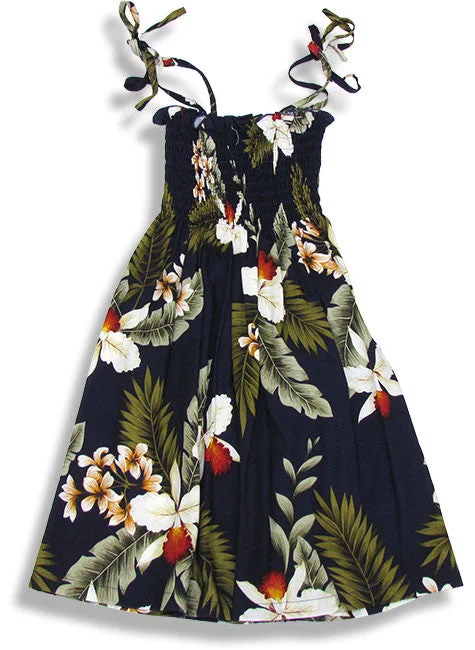 Final Clearance 109R - Girls Elastic Tube Top Dress Hawaiian Orchid Navy