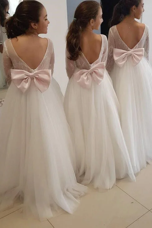 Clearance Items playful dressLong Sleeves White Flower Girl Dress with Pink Bow Knot