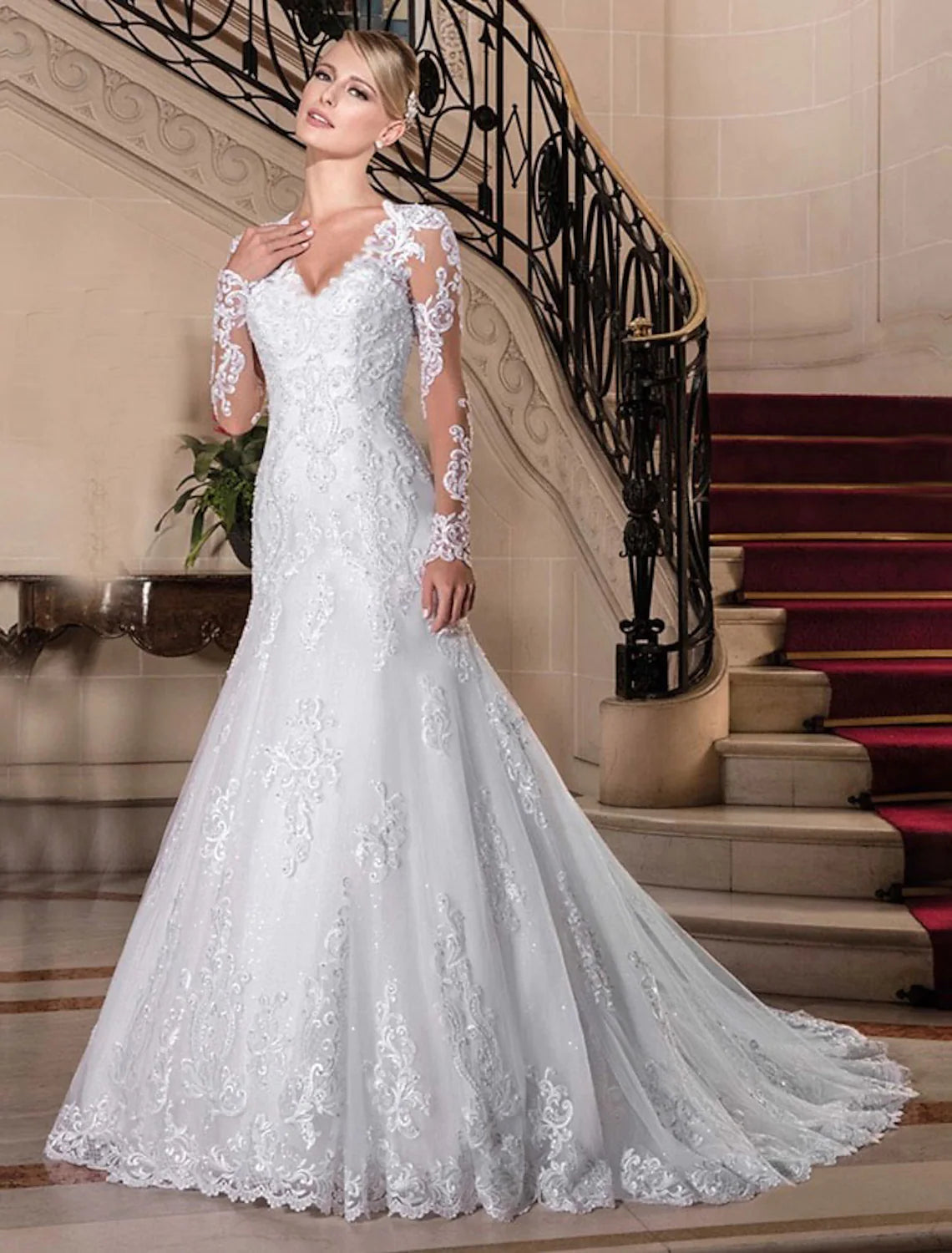Deal Explosion Engagement Formal Wedding Dresses Chapel Long Sleeve V Neck Lace Beading