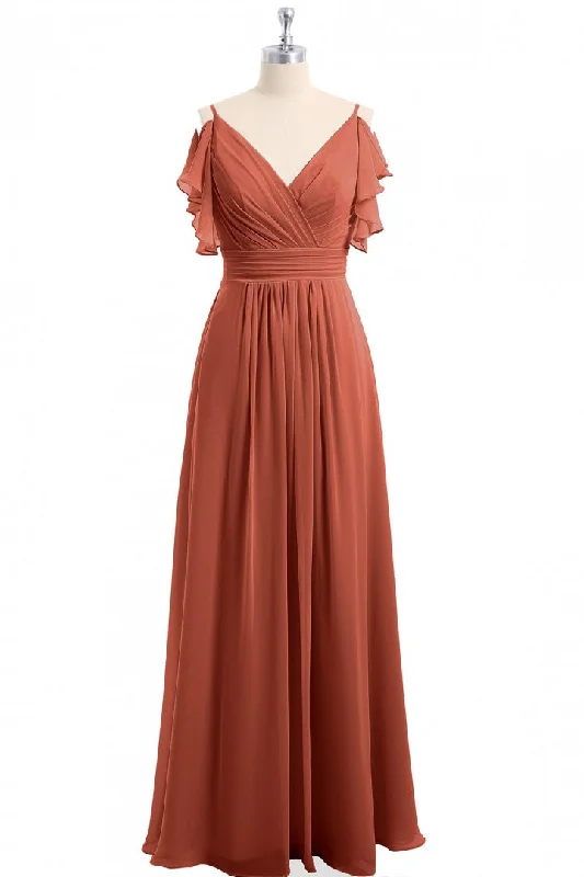 Quick Sale stylish dressRust Orange Cold-Shoulder A-Line Long Bridesmaid Dress