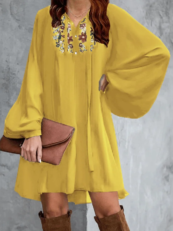 Limited Quantity boho dressFlowers Embroidery Puff Sleeve Lace-Up Loose Bohemian Mini Dress for Women