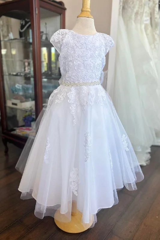 Deal Alert fitted cocktail dressWhite Cap Sleeves Embroidered Appliques Pearl Beaded Long Flower Girl Dress