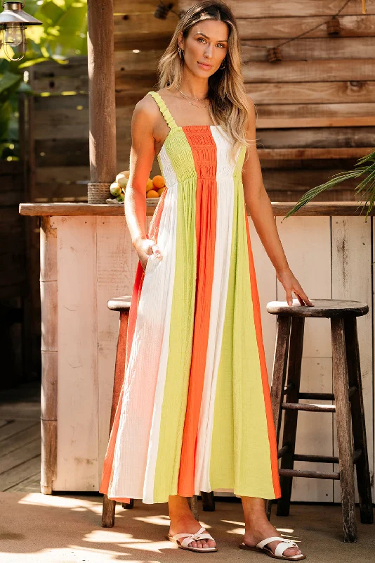 Great Bargains Green Color Block Shirred High Waist Fit and Flare Maxi Dress