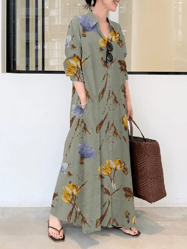 Great Deals lace dressFloral Printed Lapel Collar Long Sleeve Button Split Hem Maxi Shirt Dress with Pocket