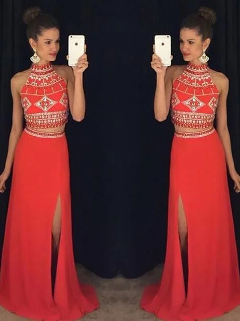 Fantastic Offers Two Piece Prom Dresses Sheath Column Halter Slit Prom Dress Sexy Evening Dress JKL1069 Fantastic Offers Two Piece Prom Dresses Sheath Column Halter Slit Prom Dress Sexy Evening Dress JKL1069
